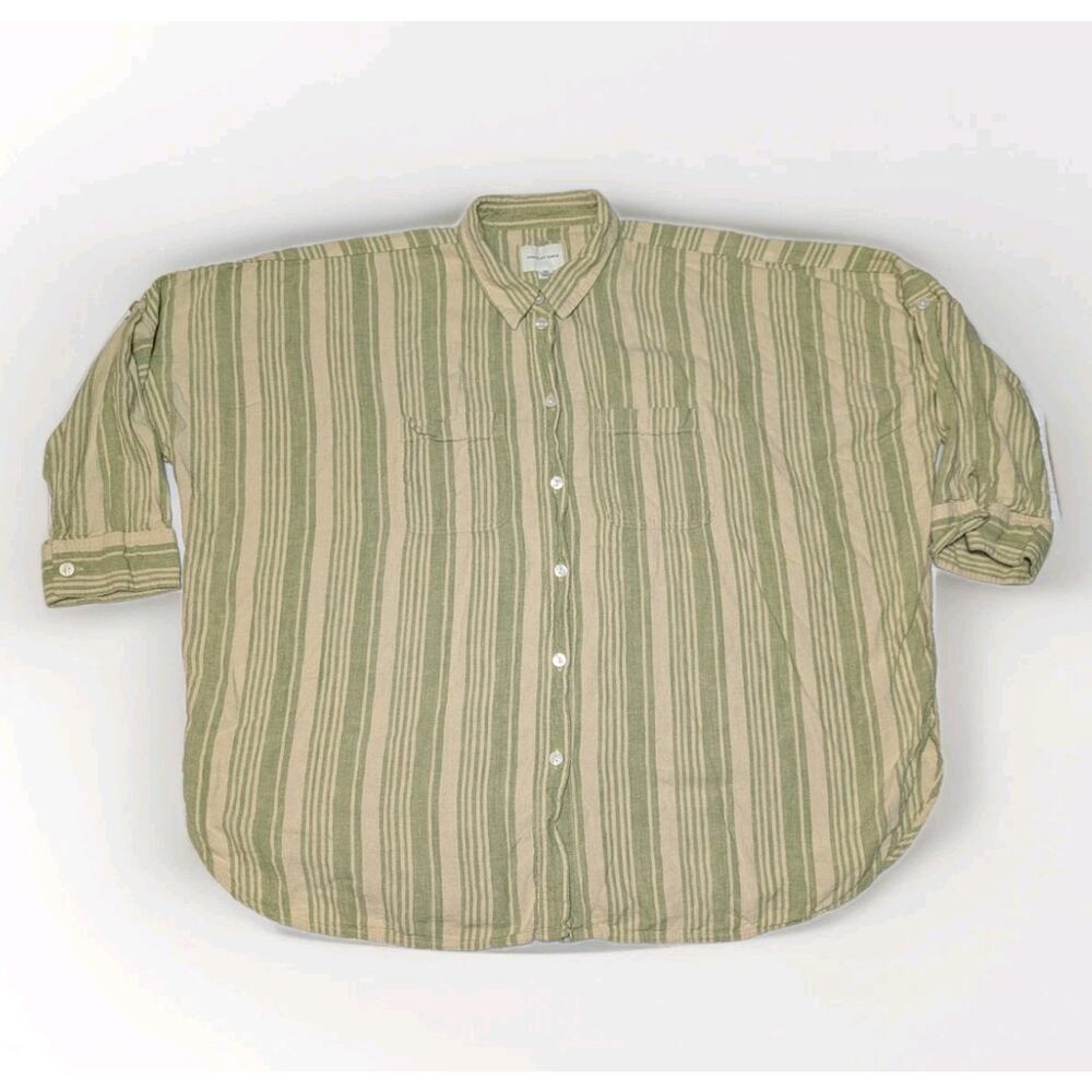 American Eagle Sz L Green Striped Boyfriend Button Shirt Top Boxy Linen Roll Tab - Picture 1 of 7